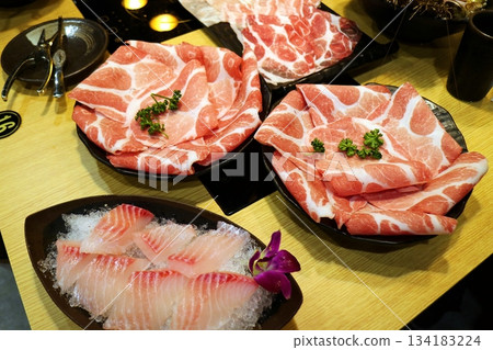Fish and meat platter for hot pot Fish and meat platter for hot pot 134183224