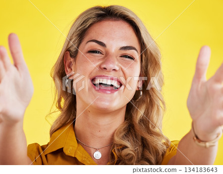 Woman, welcome hug and happy in portrait with hand gesture, love and kindness by yellow background. Excited girl, student or model with open arms, hands and smile with fashion, care and happiness Woman, welcome hug and happy in portrait with hand gesture, love and kindness by yellow background. Excited girl, student or model with open arms, hands and smile with fashion, care and happiness 134183643