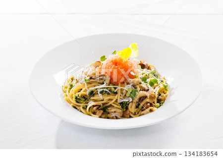 Japanese-style pasta topped with cod roe 134183654