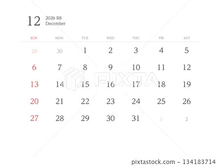 2026年12月曆(無橫線) 2026年12月曆(無橫線) 134183714