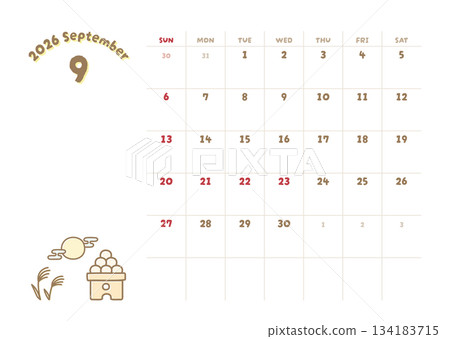2026年9月曆 - 滿月插圖 134183715