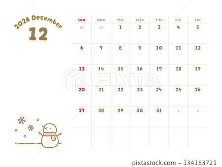 December 2026 Calendar Winter Snowman Illustration 134183721