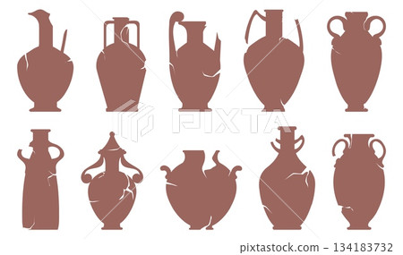 Ancient Greek vases. Archaeological ceramic amphorae with fissures. Historical pottery. Earthenware pots. Pitcher fragments. Vector set silhouettes of broken and cracked antique vessels 134183732
