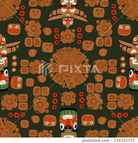 Ancient patterns and symbols of Mayan empire. Sculptures and religious statues seamless pattern. Tribal ornament. Repeated print. Mexican totem. Aztec or Inca idol. Vector background 134183733