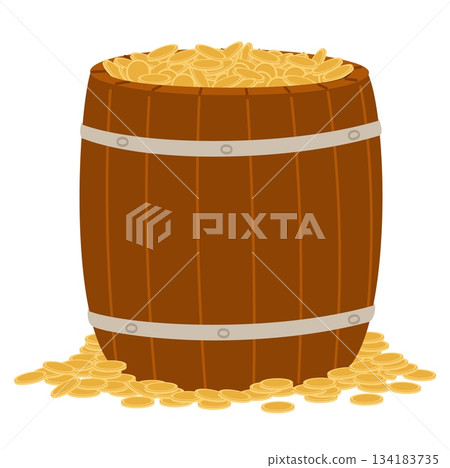 Antique wooden barrel with gold coins. Leprechaun treasure in wood container. Cask with magic wealth. Financial success. Fortune and luck. Golden cash. Irish money cauldron. Vector concept 134183735