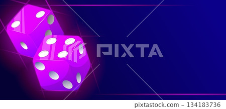 Banner with neon dice for casino gambling. Shiny cubes throw. Roulette betting success. Vegas craps. Gamble game winning bones. Jackpot fortune random. Winner dots. Vector background Banner with neon dice for casino gambling. Shiny cubes throw. Roulette betting success. Vegas craps. Gamble game winning bones. Jackpot fortune random. Winner dots. Vector background 134183736
