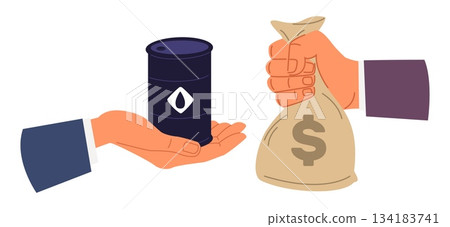 Businessmans hand holding barrel of oil and bag of money. Selling and buying petroleum products. Cost of gasoline. Business deal. Purchase payment. Arm paying for diesel. Vector concept Businessmans hand holding barrel of oil and bag of money. Selling and buying petroleum products. Cost of gasoline. Business deal. Purchase payment. Arm paying for diesel. Vector concept 134183741