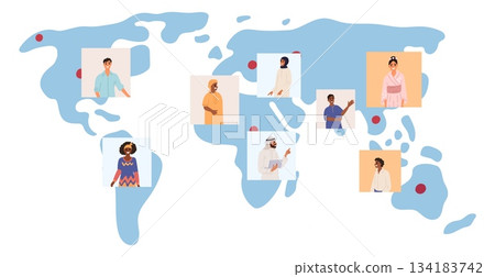 Businessmen and women of different countries and nationalities hold international online conference in front of world map. Multiethnic communication. Worldwide connection. Vector concept Businessmen and women of different countries and nationalities hold international online conference in front of world map. Multiethnic communication. Worldwide connection. Vector concept 134183742
