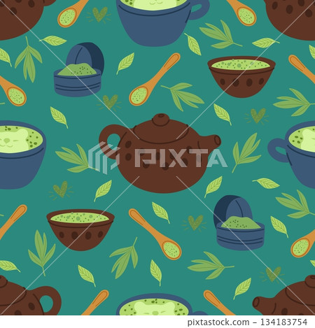 Clay pottery for green beverages. Preparation of aromatic hot tea seamless pattern. Drink ceremony. Japanese teapot. Repeated print. Matcha bowl. Antioxidant plant leaf. Vector background 134183754