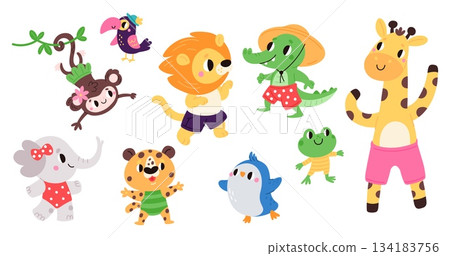 Cute cartoon animals in summer clothes. Happy mammal. Lion and giraffe. Elephant at beach. Crocodile in swimsuit. Joyful penguin. Monkey and frog fun. Vector isolated characters set 134183756