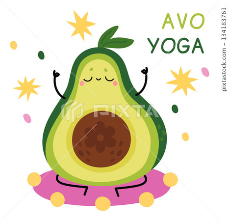 Cute happy avocado card. Cartoon character meditating. Happy vegetable sitting in lotus asana. Yoga training. Green fruit with seed. Avo meditation. Sport exercise. Vector yogi banner Cute happy avocado card. Cartoon character meditating. Happy vegetable sitting in lotus asana. Yoga training. Green fruit with seed. Avo meditation. Sport exercise. Vector yogi banner 134183761