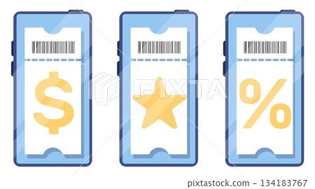 Electronic vouchers on your smartphone screen. Discount coupons with star, dollar sign and percentage. Barcode certificates. Digital tickets. Mobile application. Phone displays vector set 134183767