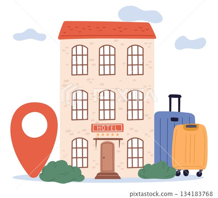 Five star hotel buildings with geotags and road suitcases. Booking hostel for trip. Location GPS pin. Travel baggage. Motel accommodation reservation. Tourist registration. Vector concept 134183768