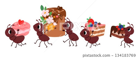 Funny cartoon ants carry sweet pastries. Insects holding cakes. Crawling bugs. Cartoon pismire characters. Dessert pies with chocolate. Arthropods with cupcakes. Vector isolated set 134183769