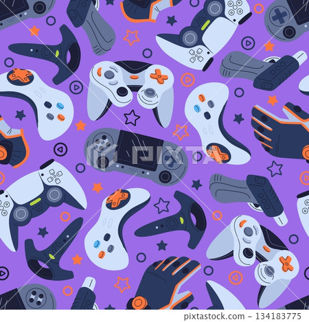 Game consoles seamless pattern. Joysticks for playing computer games. Wireless control. Arcade joypads. Gamers joypad. Video gaming controllers. Cybersport gamepads. Vector background Game consoles seamless pattern. Joysticks for playing computer games. Wireless control. Arcade joypads. Gamers joypad. Video gaming controllers. Cybersport gamepads. Vector background 134183775