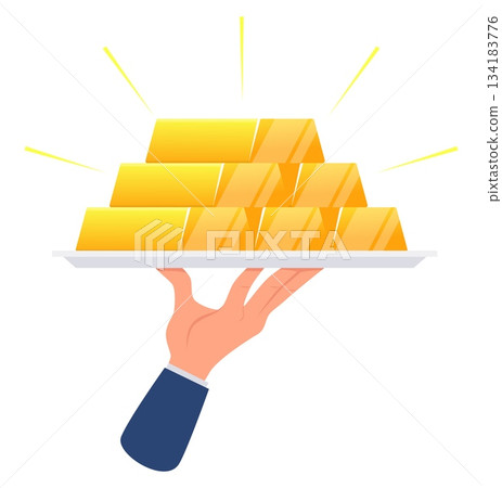 Hand holds stack of gold bars on tray. Golden cash on platter. Successful investment. Waiter carries money at dishware. Arm with profit currency. Vector concept of wealth and success 134183776