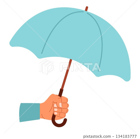 Hand holds umbrella. Insurance coverage. Help and support. Protect from rain and sun. Arm with sunshade. Businessman assistance. Rainy weather. Vector concept of protection and safety Hand holds umbrella. Insurance coverage. Help and support. Protect from rain and sun. Arm with sunshade. Businessman assistance. Rainy weather. Vector concept of protection and safety 134183777