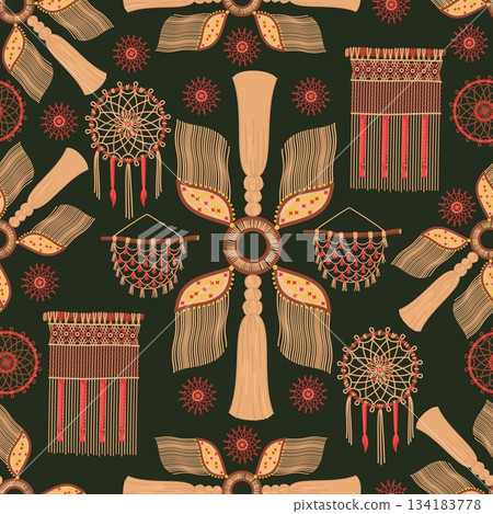 Knitted items made of threads or ropes. macrame seamless pattern. Indian ornaments. Craft dream catchers. DIY accessory. Repeated print. Boho decorations. String tassels. Vector background Knitted items made of threads or ropes. macrame seamless pattern. Indian ornaments. Craft dream catchers. DIY accessory. Repeated print. Boho decorations. String tassels. Vector background 134183778