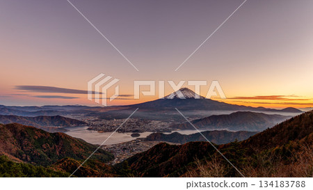 Mt. Fuji and Lake Kawaguchi at dusk Mt. Fuji and Lake Kawaguchi at dusk 134183788