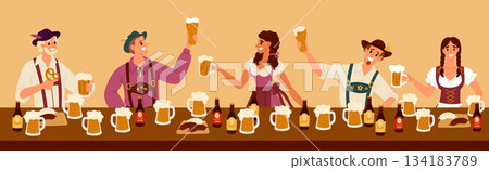 Men and women celebrate beer Bavarian festival. Happy people at table with ale pint glasses or alcohol bottles. Oktoberfest celebration. German holiday. Fried sausages snack. Vector concept Men and women celebrate beer Bavarian festival. Happy people at table with ale pint glasses or alcohol bottles. Oktoberfest celebration. German holiday. Fried sausages snack. Vector concept 134183789