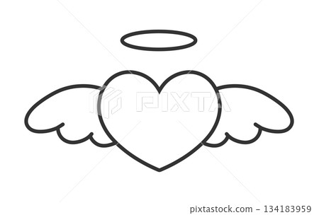 Simple hand-drawn illustration icon of a heart with wings and a halo 134183959