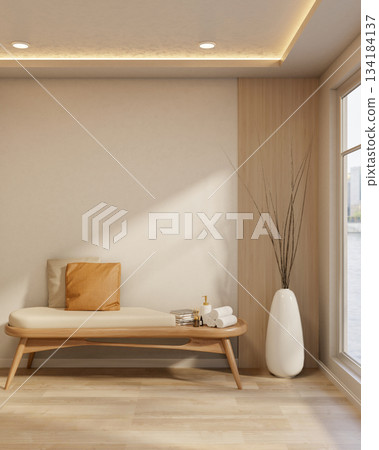 Wooden spa chair with towel and cushion aside vase on wooden parquet floor aside glass wall window. Wooden spa chair with towel and cushion aside vase on wooden parquet floor aside glass wall window. 134184137