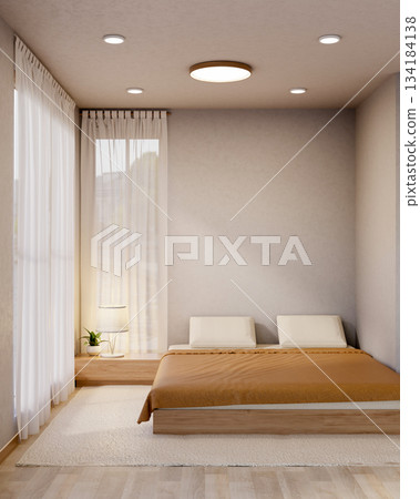 Cosy bedroom with pot plant on side table near window curtains on carpet over wooden parquet floor 134184138
