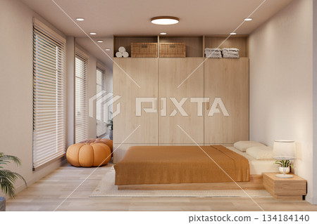 Bed and wooden wardrobe with pumpkin chair on carpet over parquet floor and window blinds in bedroom Bed and wooden wardrobe with pumpkin chair on carpet over parquet floor and window blinds in bedroom 134184140