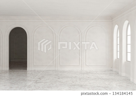 Modern luxury white wall room with archway door and marble stone floor with sunlight through windows 134184145