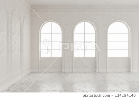 Modern luxury European white wall room and marble stone floor with sunlight through arched windows. Modern luxury European white wall room and marble stone floor with sunlight through arched windows. 134184146