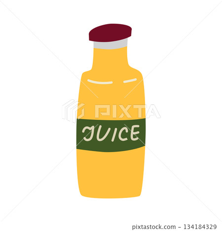 Flat cartoon vector illustration of doodle orange juice bottle with label and handwritten juice text, fresh drink theme, bright playful mood for food graphics, cafe projects and creative design Flat cartoon vector illustration of doodle orange juice bottle with label and handwritten juice text, fresh drink theme, bright playful mood for food graphics, cafe projects and creative design 134184329