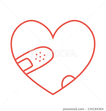 Simple hand-drawn illustration icon of a heart with a bandage on it, red Simple hand-drawn illustration icon of a heart with a bandage on it, red 134184364