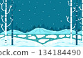 Winter landscape background with white and dark  blue tree and snowfall, The lake has frozen with snow on mountain and sky pixel art scene. 134184490