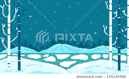 Winter landscape background with white and dark  blue tree and snowfall, The lake has frozen with snow on mountain and sky pixel art scene. 134184490