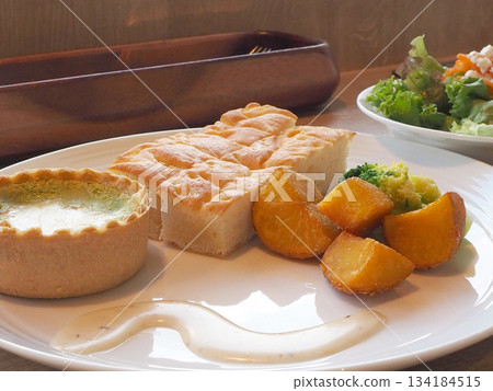Quiche, focaccia and salad Quiche, focaccia and salad 134184515