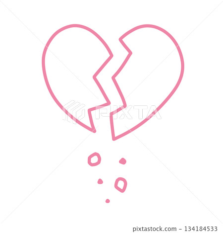 手繪插圖圖標，一顆破碎的心，碎片散落各處（粉紅色） 134184533