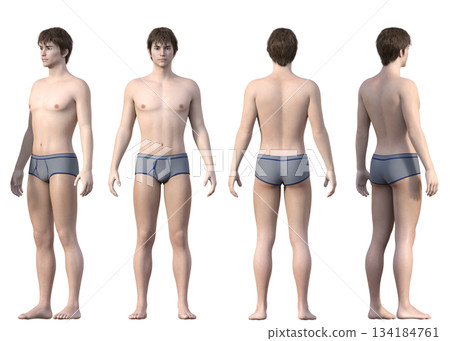Full-body front and back view of a young man in underwear, front and back 3D illustration set Full-body front and back view of a young man in underwear, front and back 3D illustration set 134184761