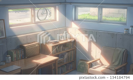 A view of a semi-basement room with light streaming in through the window 134184794