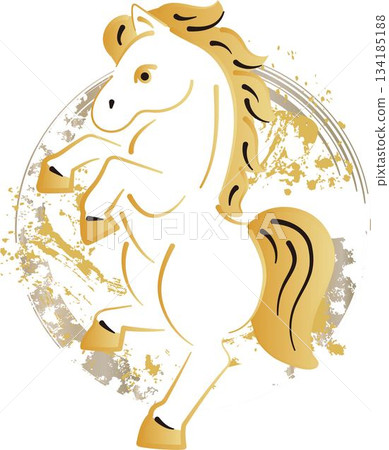 A dynamic golden prancing horse illustration, Year of the Horse New Year's card material, Brush Circle, luxurious and modern Japanese design 134185188
