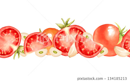 Seamless illustration of a horizontal border hand-painted red tomato slices and garlic cloves. Perfect for restaurant menu footer, rustic food packaging, kitchen decor, or cooking blog divider. Seamless illustration of a horizontal border hand-painted red tomato slices and garlic cloves. Perfect for restaurant menu footer, rustic food packaging, kitchen decor, or cooking blog divider. 134185213