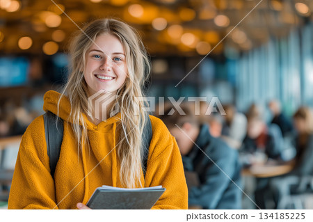 A smiling student in a cozy yellow hoodie stands holding a notebook in a bright, modern campus space, surrounded by classmates working in the background. 134185225
