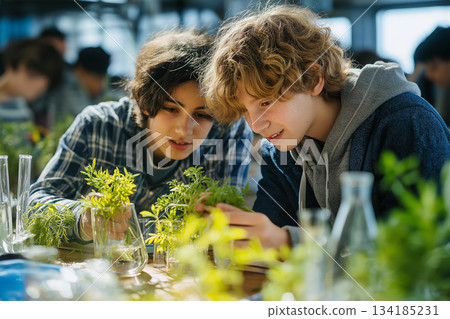 Two curious students closely examine plants in a bright science classroom, learning biology through hands-on experiments with greenery and lab glassware. 134185231