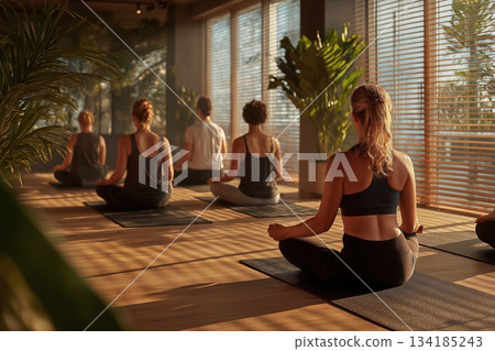 A group of people meditate peacefully in a sunlit yoga studio, sitting in calm stillness as warm light filters through the windows, creating a serene atmosphere. 134185243