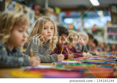 Children sit together in a colorful classroom, focused on drawing and writing. One child looks up thoughtfully, capturing a moment of learning and creativity. 134185244