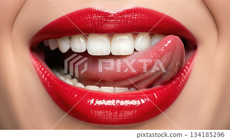 Close up of sexy woman licking red glossy lips with tongue showing white teeth isolated on skin background for cosmetics 134185296