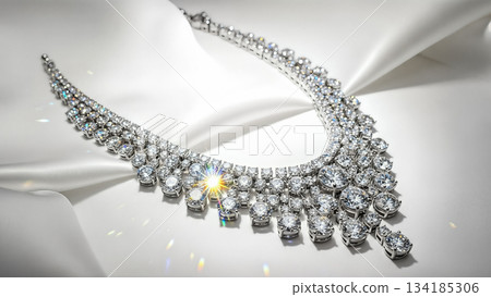 Luxury diamond necklace with white gemstones on white silk fabric background with bright star flare and reflection for jewelry store 134185306