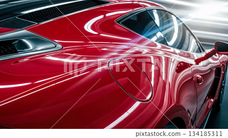 Red sports car close up rear view detail shiny paint reflection modern vehicle design luxury automotive industry speed fast transportation technology motor hood curve abstract Red sports car close up rear view detail shiny paint reflection modern vehicle design luxury automotive industry speed fast transportation technology motor hood curve abstract 134185311