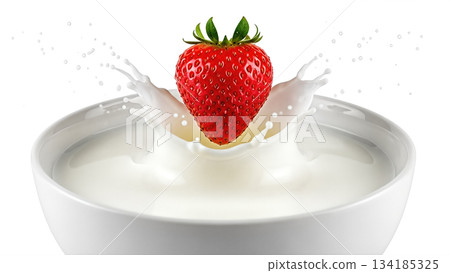 Fresh red strawberry falling into white milk splash in ceramic bowl isolated on white background with droplets for breakfast 134185325