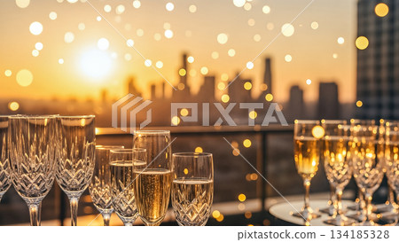 Many crystal champagne glasses on table against sunset city skyline background with golden bokeh lights illustrating rooftop party celebration event Many crystal champagne glasses on table against sunset city skyline background with golden bokeh lights illustrating rooftop party celebration event 134185328