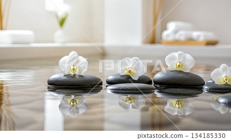 White orchid flowers on black spa stones in water with reflection illustrating zen wellness and relaxation therapy theme background White orchid flowers on black spa stones in water with reflection illustrating zen wellness and relaxation therapy theme background 134185330